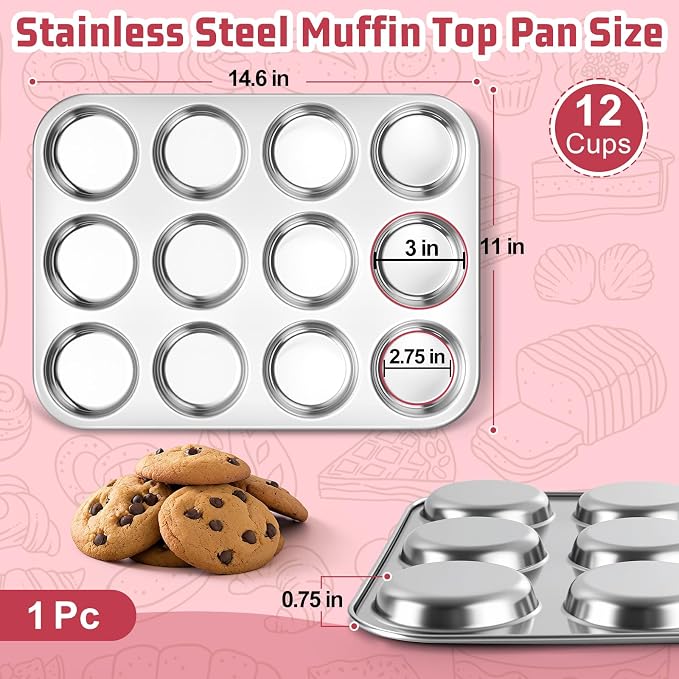 E-far 12-Cavity Muffin Top Pan, Stainless Steel Shallow Cupcake Pan for Yorkshire Pudding, Eggs, Whoopie Pie, Cornbread, Non-toxic & Dishwasher Safe