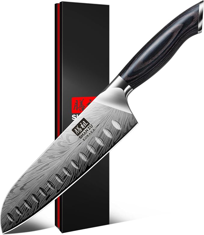SHAN ZU Kitchen Knife, Santoku Knife 20cm Professional High Carbon Powder Steel Japanese Knives, Ultra Sharp Kitchen Utility Knives with Ergonomic Pakka Wooden Handle