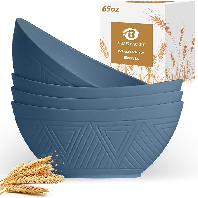 65 OZ Wheta Straw Bowls Set - Unbreakable Large Salad Bowl 4 PCS, Large Capacity Kitchen Bowls Microwave & Dishwasher Safe Serving Bowl for Salad, Popcorn, Chip (Blue)