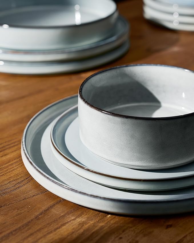 Famiware Annecy 12-Piece Stoneware Dinnerware Set, Grey Blue | Stoneware Plates and Bowls for 4, Handmade Reactive Glaze, Microwave & Dishwasher Safe, Chip & Scratch Resistant
