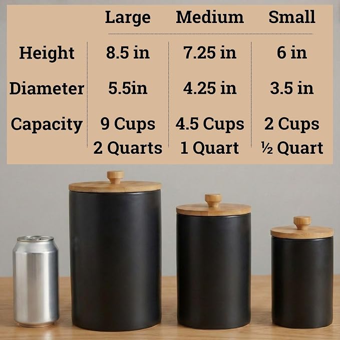 Ceramic Kitchen Canisters for Countertop Set of 3 w/ Airtight Bamboo Lids | Thick Sturdy Ceramic, Matte Finish, Airtight Easy Open Bamboo Lids, Comfortable Bamboo Handles, Jar Volumes: 2, 1, 0.5 quarts