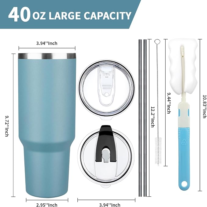 40 oz Tumbler with Lids and Straws, Stainless Steel Insulated Coffee Tumbler, Double Wall Vacuum Insulated Travel Mug Cup, Leakproof Thermal Coffee Cup for Hot and Cold Drinks (azure blue)