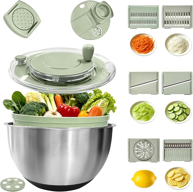 Stainless Steel Salad Spinner Large with 5 Blades Slicer, Vegetable Dryer, Non-Slip Base, Stop Button, Vegetable Fruits Chopper Bowl 5L Capacity with Egg Yolk Strainer