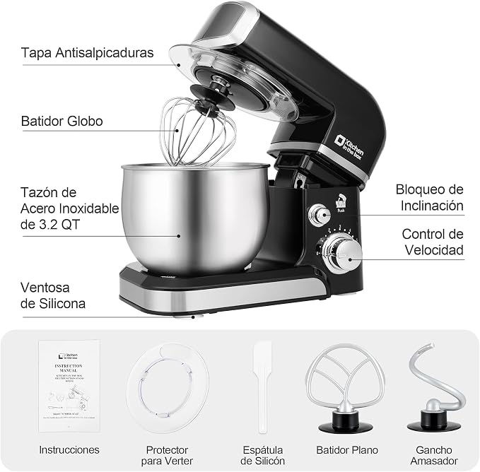 Kitchen in the box Stand Mixer,3.2Qt Small Electric Food Mixer,6 Speeds Portable Lightweight Kitchen Mixer for Daily Use with Egg Whisk,Dough Hook,Flat Beater (Black)