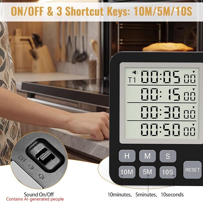 Digital Dual Kitchen Timer, Multiple Channels Countdown Timer | 4-Groups Timer with Magnetic-Back Memory-Preset Large Display Adjustable Alarm Volume, 3A Battery Included, Ideal for Cooking