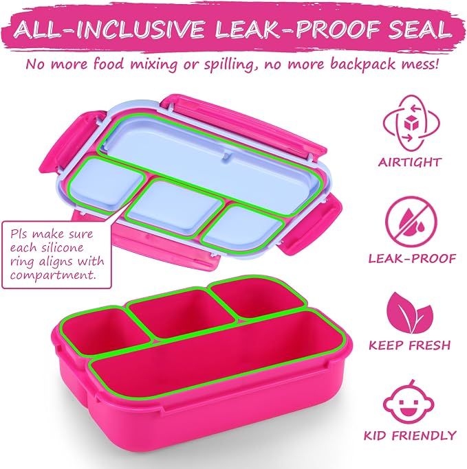 QQKO Bento Box for Kids Adults, School Toddler Lunch Box for Boys Girls, Lunch Box Containers with 4 Compartments, Sauce Container, Utensils, Food Picks and Muffin Cups for School, Pink Blue