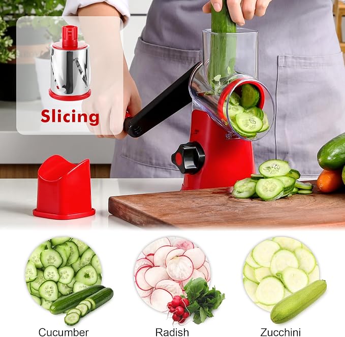 GDL Cheese Grater Hand Crank, Rotary Cheese shredder, Vegetable Slicer | 3 Stainless Steel Blades, 12x Fast Cutting, Non-slip Suction Base, No BPA, Dishwasher Safe, Easy Use for Cheese, Veggies, Nut