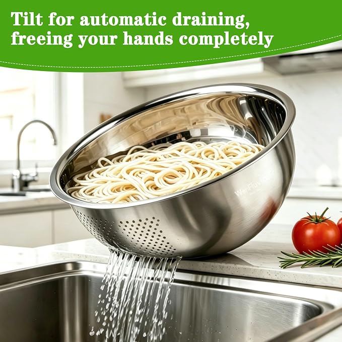Rice Washer Strainer Bowl, 4 QT Stainless Steel Colander with Side Drainer | Colander For Kitchen | 2 mm Fine Mesh | Drains Fast | Dishwasher Safe | Washing Rice, Vegetables, Fruits, Pasta