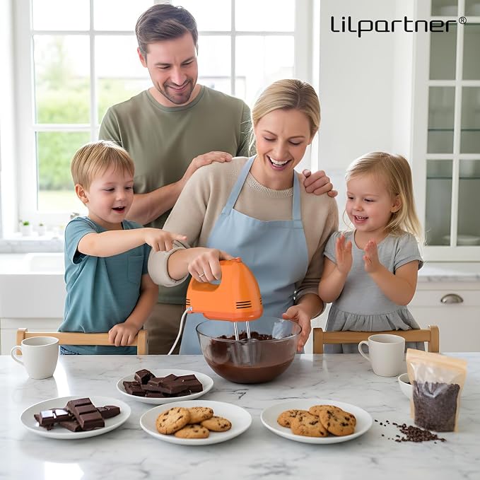 LILPARTNER Hand Mixer Electric, Ultra Power Kitchen Hand Mixer With 7-Speed & 5 Stainless Steel Accessories for Whipping Dough, Cream, Cake, Dishwasher Safe, Light Orange