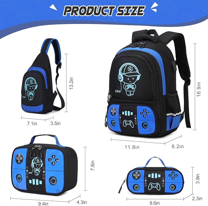 Backpack for School Boys, Cool Luminous Gamer Boys Schoolbag | with Lunch Box & Pencil Case Set for Kids Teens Elementary Middle School, Bookbag Glow In The Dark