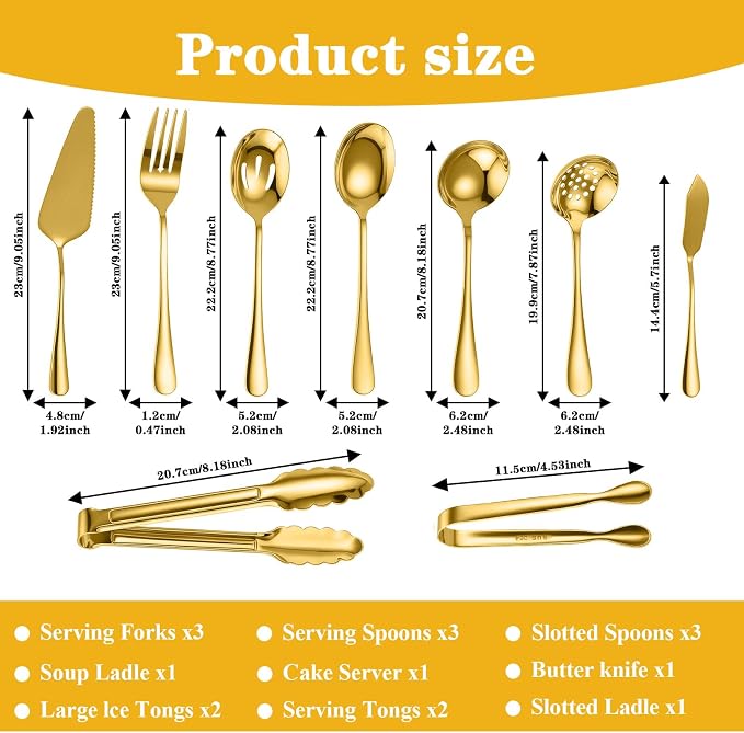 17pcs Gold Serving Utensils Set,Stainless Steel Large Serving Spoons,Slotted Spoon,Fork,Tongs,Cake Pie Server,Soup Spoon,Metal Buffet Banquet Cutlery for Parties Weeding Birthday Entertaining Catering