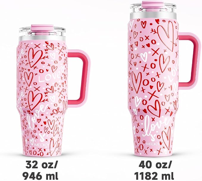 Meoky 40 oz Tumbler with Handle and Straw, Insulated Tumbler with Lid and Straw, Stainless Steel Travel Mug, Keeps Cold for 34 Hours, 100% Leak Proof, Fits in Car Cup Holder (Fancy)