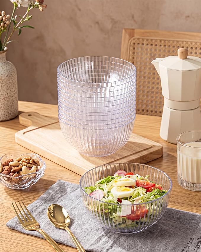 bUCLA 12 PCS Plastic Cereal Bowls Set - 28 Oz Clear Disposable Vertical Stripes Serving Bowls for Snack, Salad, Dessert & Fruit