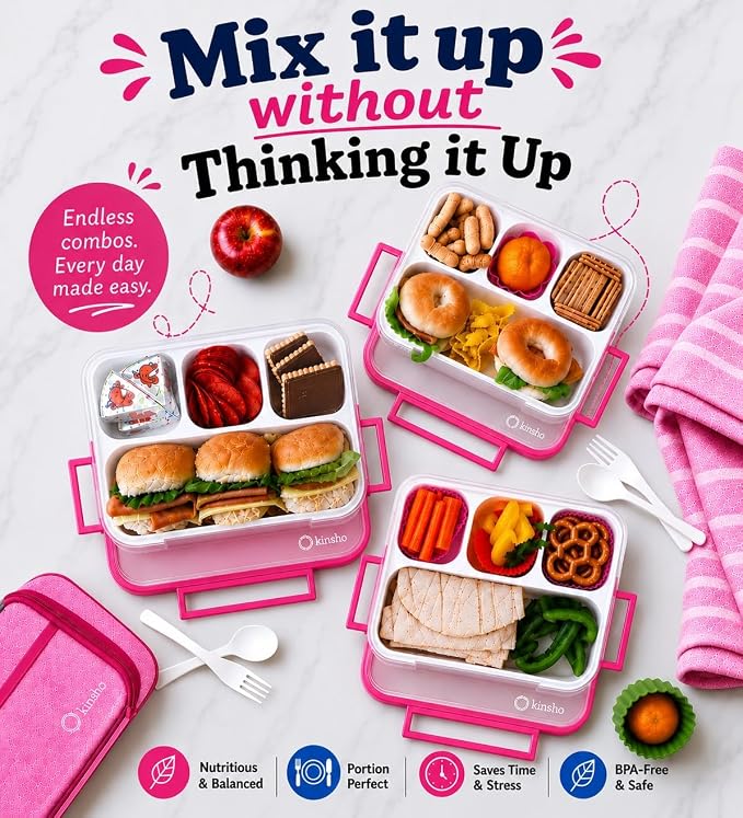 kinsho Bento Lunch Box Kids & Adults. Meal and Snack Containers for Boys, Girls for School Work Travel, 4 Sealed Divided Compartments, BPA Free, Utensils (Rose Pink, 1 Pack)