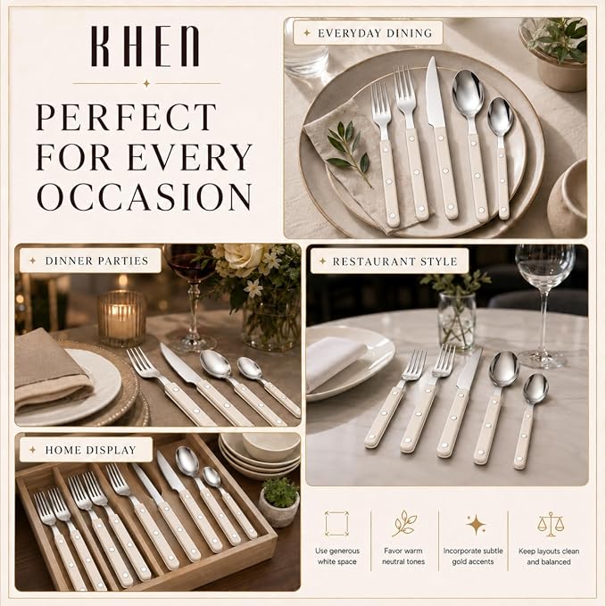 Khen Cutlery Set of 20, 18/8 Stainless Steel Flatware, Modern Silverware for Home, Kitchen, Dining & Table Setting for 4 – Stainless Steel, Dishwasher Safe, Lightweight & Ergonomic Design Gift - Cream