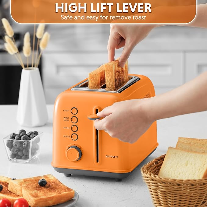 BUYDEEM DT620 2-Slice Toaster, 7 Shade Settings, Extra Wide 1.5'' Slots for Bagel & English Muffin, 6 Toasting Functions, Retro Stainless Steel Toaster with High Lift Lever, Orange