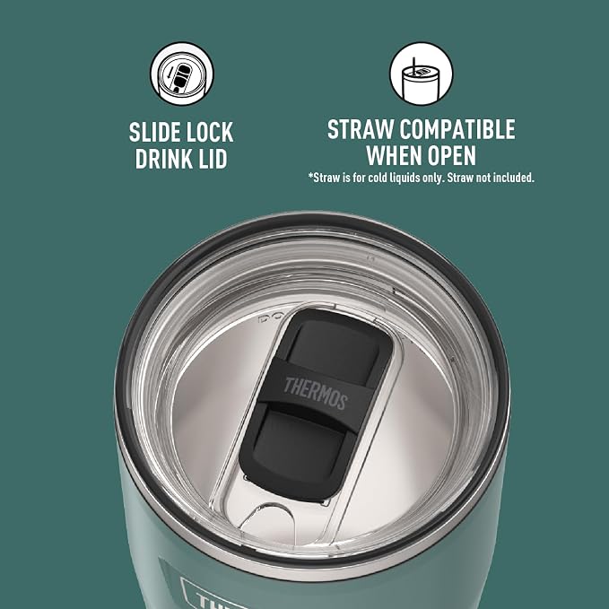 THERMOS Icon Series 24oz Stainless Steel Tumbler with Slide Lock Lid, Leakproof, Fits Cupholder, Dishwasher Safe, Griptec™ Non‑Slip Base, Keeps Drinks Hot 6 Hrs/Cold 22 Hrs, Spruce