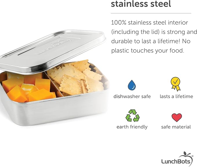 LunchBots Small Stainless Steel Kids Bento Box 2-Section 16oz