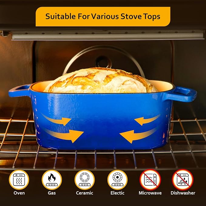 Velaze 3.6 QT Oval Cast Iron Dutch Oven for Bread Baking, Offset Handles | Bread Pan with Lid for Sourdough Sandwich,Small Households Baking,Gift for Bread Bakers,Deep Base,Oven Safe,Blue