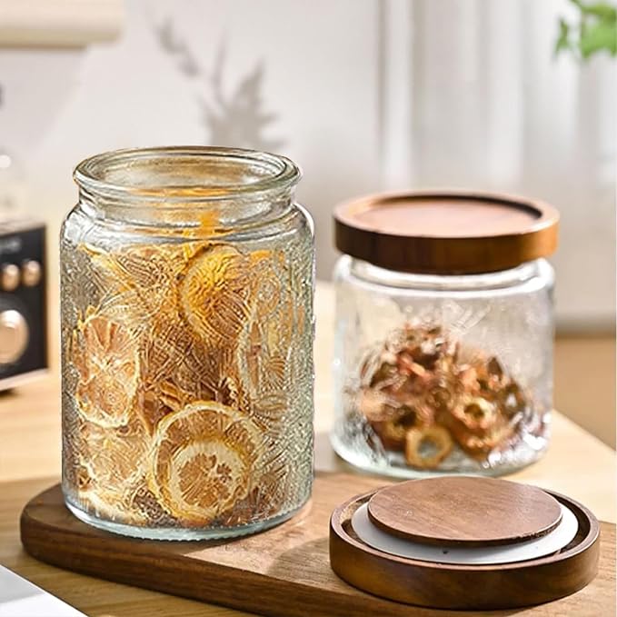 Vintage Glass Jar with Lid Airtight Candy Coffee Canister Food Storage Set | 24oz Decorative Container Set with Silicone-Sealed Bamboo Lid, Thick Glass BPA-Free, for Kitchen Stores Sugar Flour-6 Pack