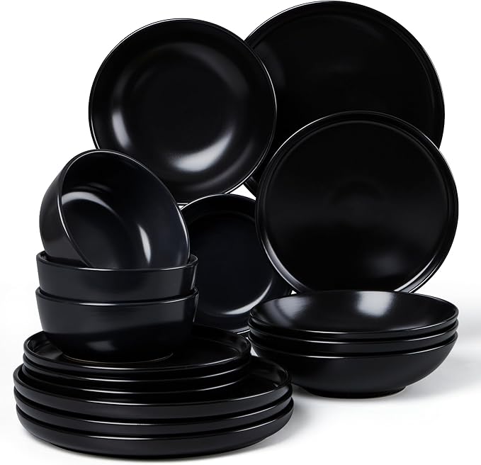 LIANYU 16 Piece Dinnerware Sets with Double Bowls for 4, Black Onyx | Modern Ceramic Plates and Bowls Set , Kitchen Round Dinning Ware Dishware Set, Microwave and Dishwasher Safe