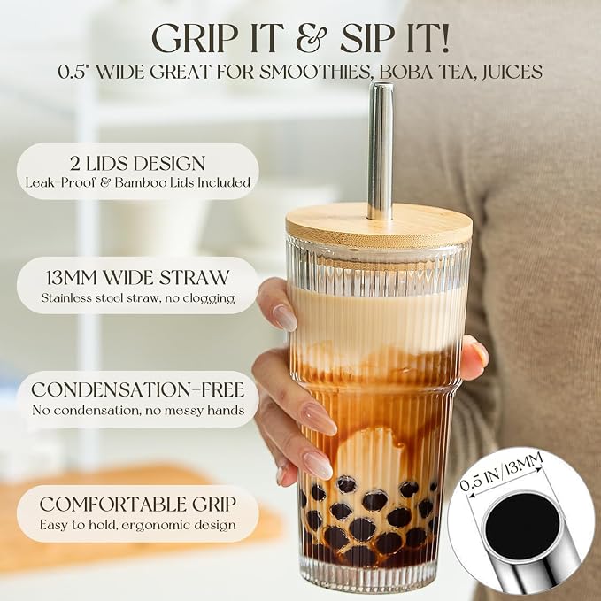 KEMORELA 20oz Ribbed Glass Tumblers with Bamboo Lids & Straws, Boba Cups | Stainless steel straws, bamboo & leak-proof dual lids. 13mm wide straw. Vintage. For boba, iced coffee, smoothies & travel.