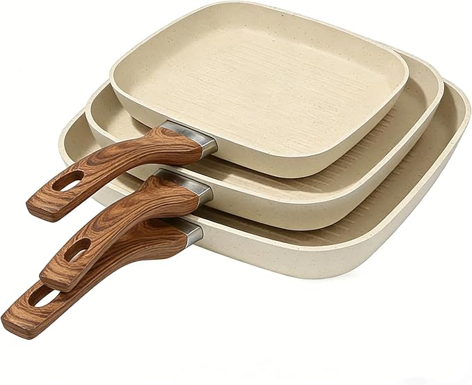 Simple Deluxe 3 Pieces Nonstick Grill Pan Set, Square Versatile Griddle Pans with Wooden Handle, Durable Skillet Indoor & Outdoor Use, All Stovetops Compatible(9.5", 10.2", 11"), PFOA Free, Beige