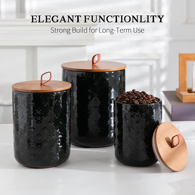 Ceramic Canisters Set with Airtight Lids, 82/48/30 oz Coffee Canisters Sets for the Kitchen, Black Large Jars for Flour, Sugar, Pasta, Coffee, Cookies, Tea - Set of 3, Embossed Pattern