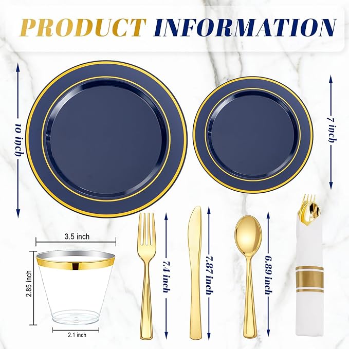 350PCS Navy Blue and Gold Plastic Plates with Rolled Napkins Include Dinner Plate 10’’, Dessert Plate 7’’, gold Cups 9 OZ, Pre Rolled Napkins for Birthday/Wedding/Party