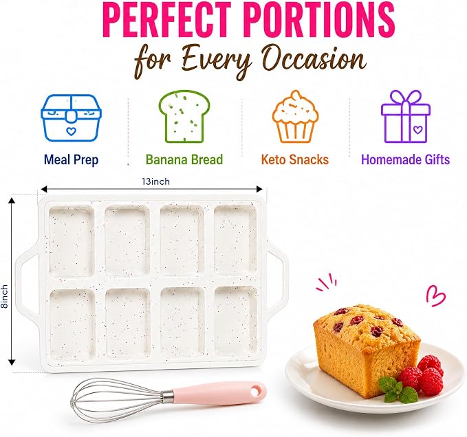 Silicone Mini Loaf Pan 2 Pack with Reinforced Metal Frame 8-Cavity | Non-Stick Baking Mold for Banana Bread, Cornbread & Keto Snacks - Easy Release & Dishwasher Safe, Cream with Color Dots