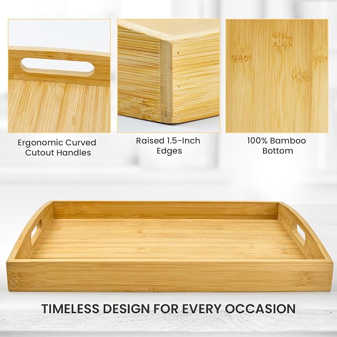 Bamboo Serving Tray Set of 2, Bamboo Trays with Handles | Decorative bamboo serving trays for serving, storage,kitchens, living rooms,bathrooms, outdoor dining 17" × 13" & 16" × 12"