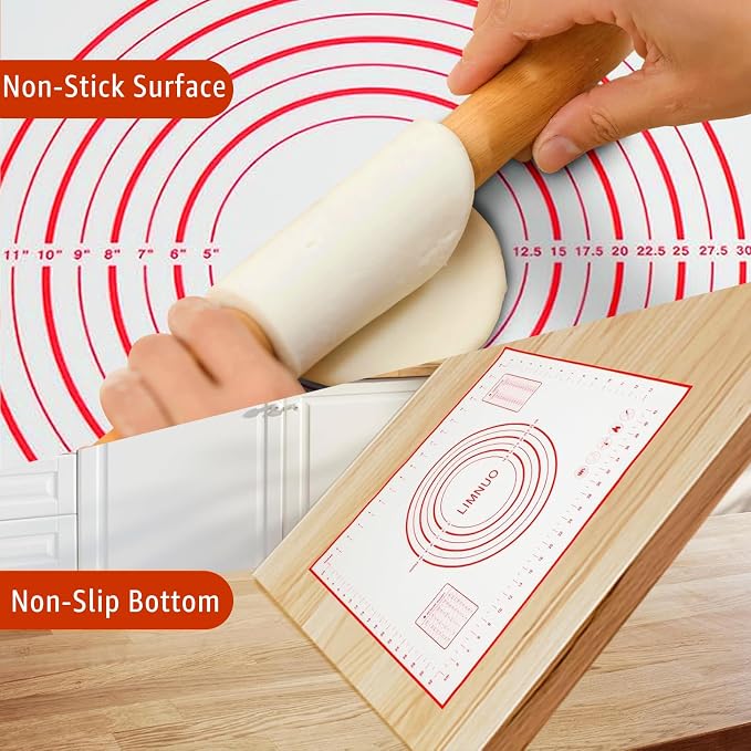 Silicone Baking Mat Dough Mat Non-Slip and Reusable Red | 0.7mm NewUpgraded Mat for Rolling Out Dough, Non Stick Silicone Mats with Measurements for Cookies, Macaroon, Bread, Pastry