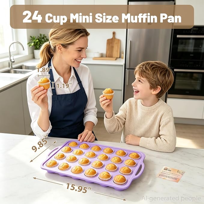 Mini Silicone Muffin Pan with Frame Non Stick Cupcake Tin Baking Mold | Silicone Cupcake Pan with Handles 24 Cup, BPA Free Silicon Muffin Tin Tray Small for Baking, Egg Bites, Cupcake Mold Purple