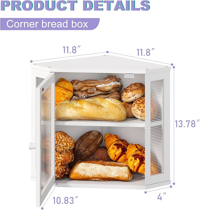 Corner Bread box for Kitchen Countertop,Farmhouse Bread Box with Acrylic Wavy Door Panel,Large Bread box for kitchen countertop,Kitchen Countertop Food Storage Container (White, Meduim)