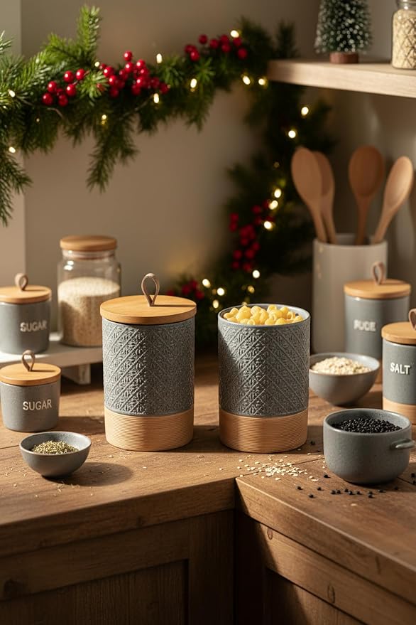 Miamolo Large Jar with Lid, Ceramic Coffee Container Pantry Gray & 64 fl.oz | Reusable Coffee Canister for Kitchen Countertop | Fits Grounds Flour Cookies Spice | Clutter-Free, Housewarming Weeding Gift