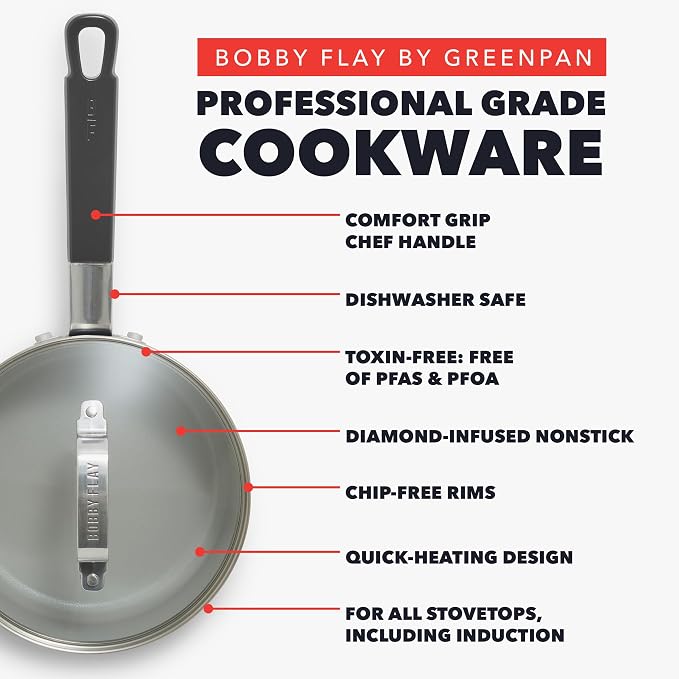 GreenPan x Bobby Flay 2.5QT Ceramic Nonstick Saucepan with Lid, Graphite | PFAS-Free Diamond Ceramic Nonstick Chef Pan, Silicone Handle, Induction & All Stovetop Compatible, Dishwasher and Oven Safe