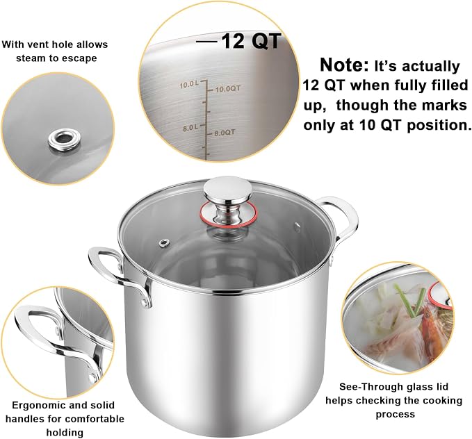 TeamFar 12 Quart Stock Pot, 18/10 Stainless Steel Large Cooking Soup Pot | Pasta Pot with Lid for Simmering/Stewing, for Induction/Gas/Ceramic, Healthy & Heavy-Duty, Riveted Handles & Dishwasher Safe