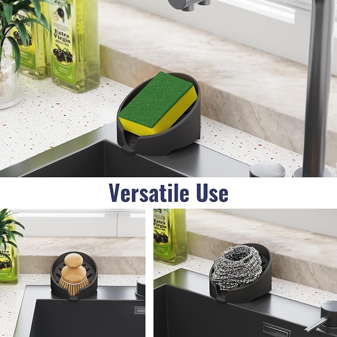 NiHome Silicone Sponge Holder for Kitchen Sink, Fits Scrub Daddy Mommy | Self-Draining Dispenser Organizer Tray, Sink Caddy Countertop Fits Soaps, Scrubber, Dishwasher Safe, Includes Brush