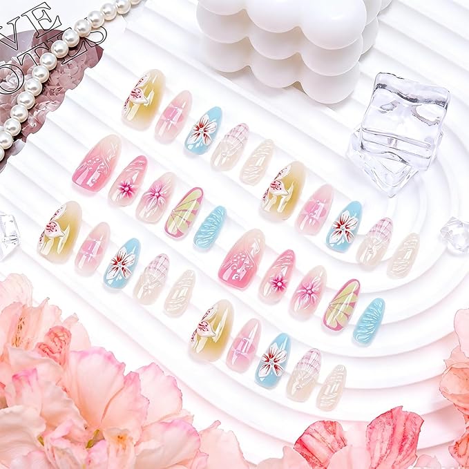 30Pcs Summer Flower Press On Nails Medium Almond Fake Nails with Pearl Design Blue Pink Cute Nails Glossy Full Cover Acrylic False Nails Reusable Summer Beach Stick On Nail for Women Vacation Nail Art