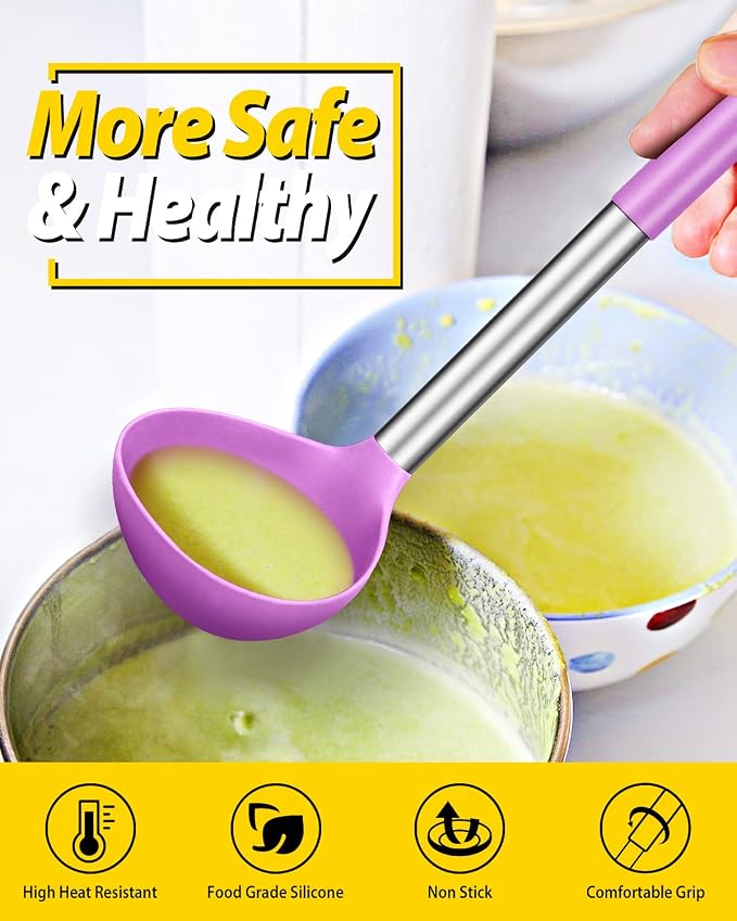 BUNDLEPRO Silicone Ladle Spoon Kitchen Utensils, 2 Pack, Pink-Purple | Non Stick, High Heat Resistant, BPA Free, Ideal for Cooking, Stirring,Serving Soups