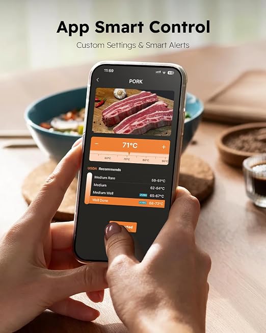 Smart Bluetooth Wireless Meat Thermometer with 6 Sensors,0.5S Instant Read | ±0.5°F digital thermometer, Standalone Base, APP Control & Real-Time Alert, 2 Ultra-Thin Probes for BBQ,Grill, Smoker,Oven