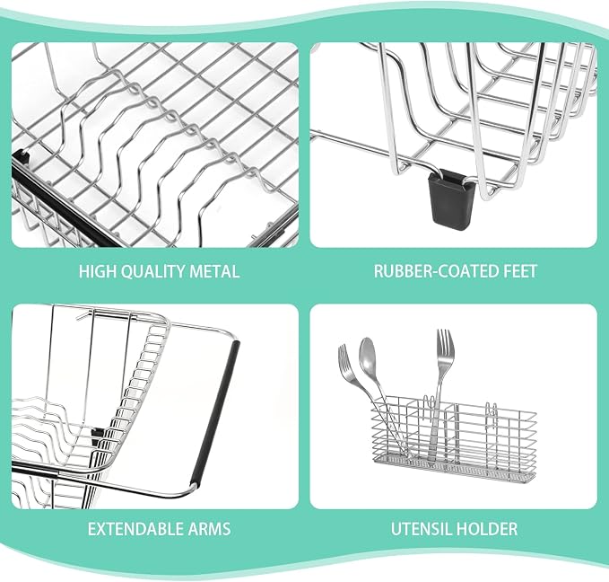 Sink Dish Drainer Rack, Expandable 304 Stainless Steel Drying Rack | Large Capacity Sink Dish Rack with Utensil Holder, Adjustable 15.35"-20.47", Fits Inside Sink, Holds Up to 13 Utensils
