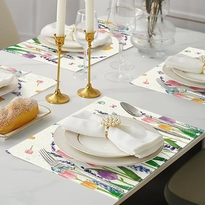 Tulip Lavender Butterfly Spring Placemats Set of 4, Seasonal Holiday Summer Table Mats for Home Party Kitchen Dining Room Decoration 12x18 Inch