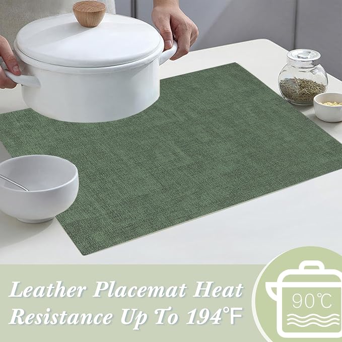 Leather Placemats Table Mats Set of 6, Dark Green and Beige | Reversible Non-Slip Table Placemats, Heat-Resistant and Waterproof for Dining Kitchen and Holiday Parties