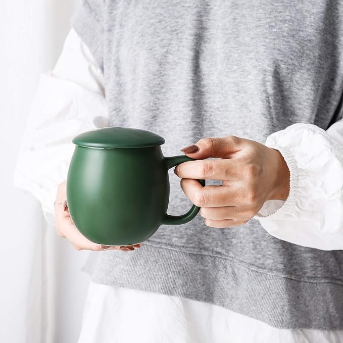 Yundu 12 OZ Matte Green Ceramics Teacup with Infuser and Lid, Mug with Lid for Steeping - Stainless Steel Infuser for Loose Leaf Tea, Home Office Gift for Tea Lovers