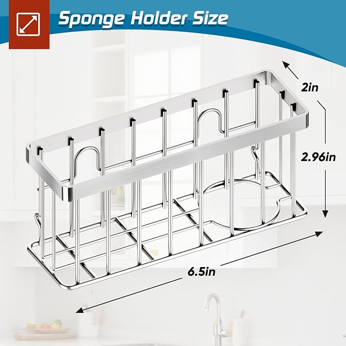 MURLONG Sponge Holder for Kitchen Sink,Sink Caddy Organizer with Suction Cups/Adhesive Strips,Dish Sponge Holder Design for Sponges,Scrubber,Stoppers-Silver