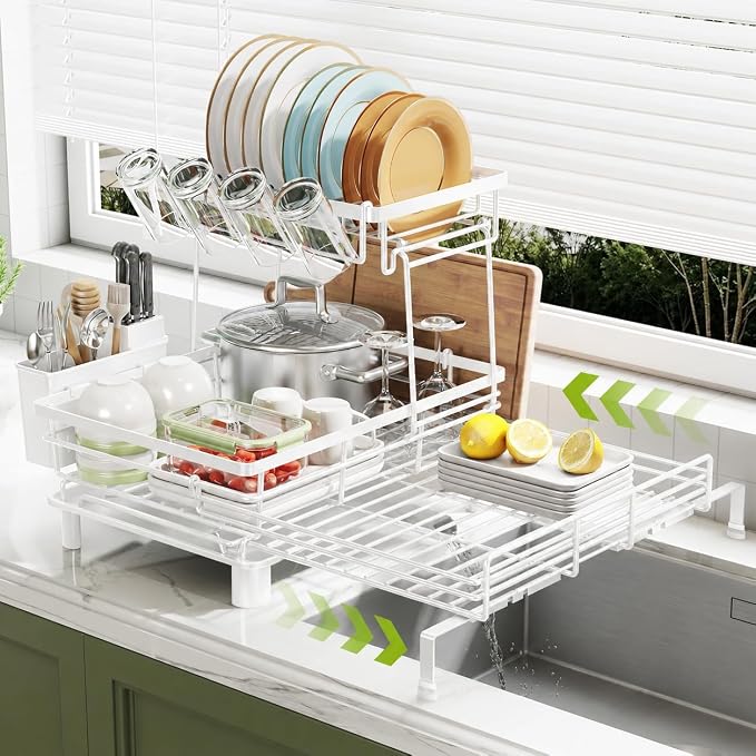 2-Tier Expandable Dish Drying Rack for Kitchen Counter, White | Large Capacity Dish Rack Organization, Heavy-Duty Carbon Steel, 17 lbs Capacity, Swivel Drain Spout & Cup Hooks