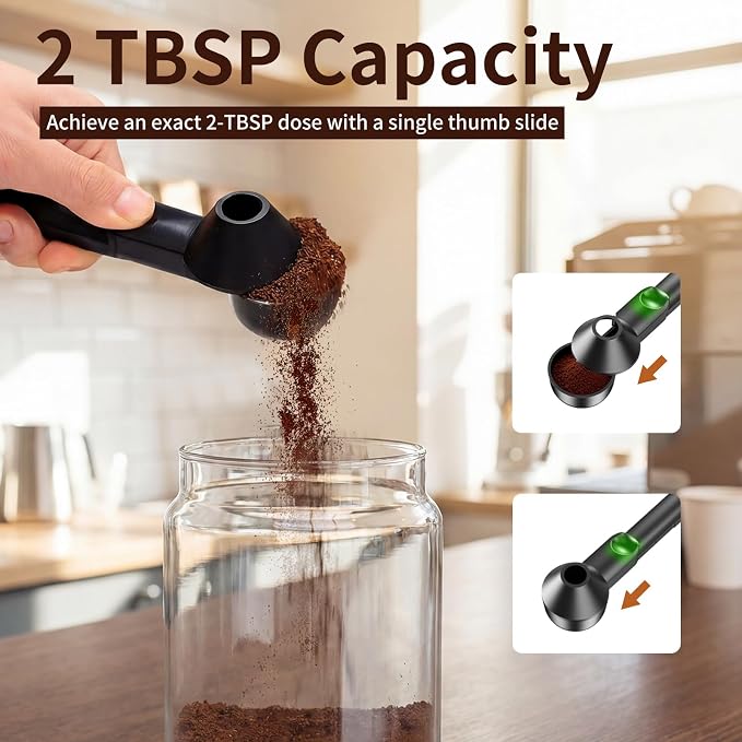 Coffee Scoop with Funnel for Reusable K Cup, 2 TBSP Measuring Spoon | Mess-Free Funnel Design, Sliding Leveler for Precise 2 TBSP, Long Handle for Coffee, Protein Powder & Tea (1-Pack)