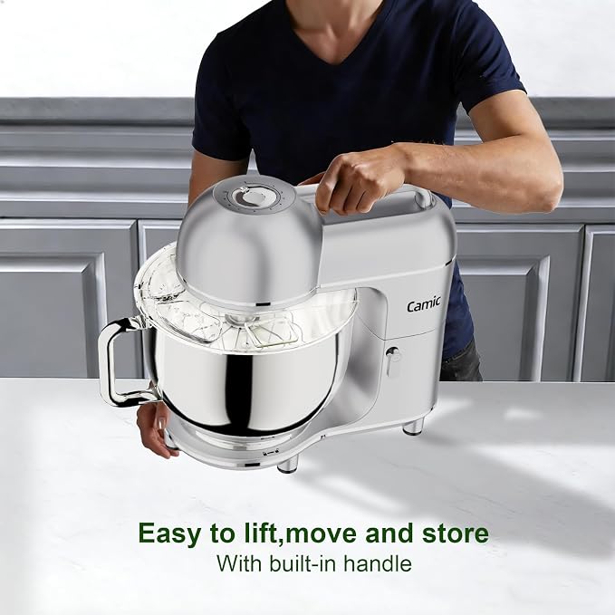 Camic Electric Stand Mixer,7.45 QT,10 Speeds with Dough Hook,Whisk, Flat Beater Attachments, Splash Guard, Easy-Carry Top Handle,3-IN-1 Kitchen Mixer for Baking Cakes Cookie Bread Salad (Silver)