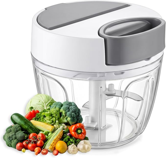 SUSTEAS Manual Food Chopper Pull Chopper with String, Garlic Mincer 650ml | Vegetable Cutter with String Garlic Mincer Onion Cutter for Veggies, Ginger, Salad, Fruits, Nuts, Herbs, etc, Gray